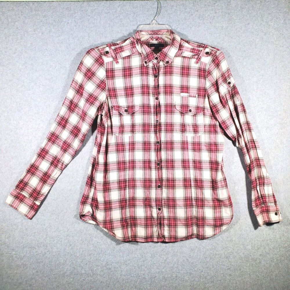 Gap Womens Pink White Plaid Button Up Shirt Shoulder Epaulets Long Sleeve XL